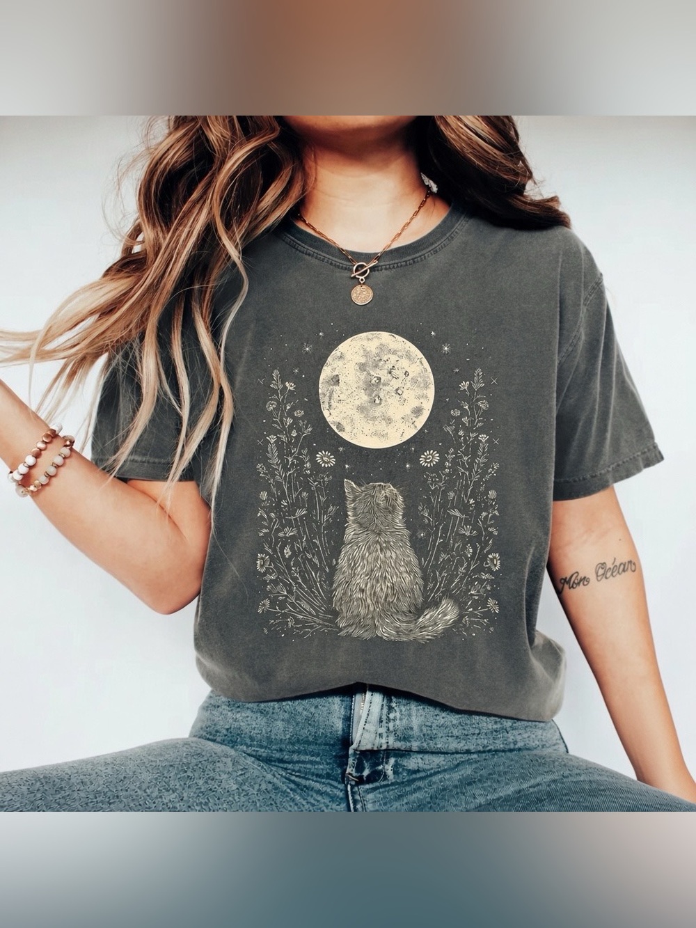 Celestial Cat Moon Comfort Colors T-Shirt, Cottagecore Boho Night Sky Tee